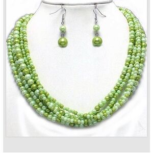 Green Layered Glass Imitation Pearl Necklace Earrings Womens Jewelry Set